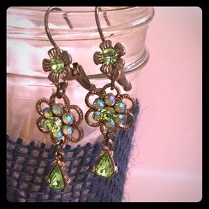 Lime green rhinestone flower drop earrings